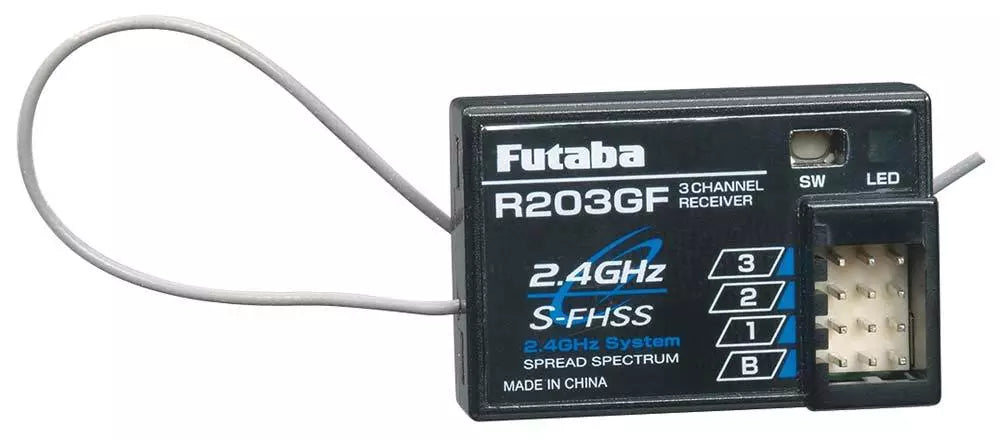 The Futaba R203GF receiver provides reliable 3-channel control using 2.4 GHz S-FHSS technology suitable for surface models.