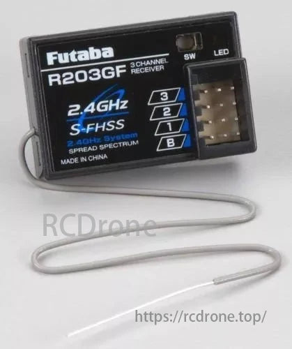 Futaba receiver compatible with Futaba radio systems, featuring reliable 2.4GHz frequency hopping.