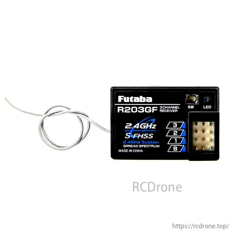 The Futaba R203GF receiver is designed for surface models, featuring 3 channels and 2.4 GHz S-FHSS technology.