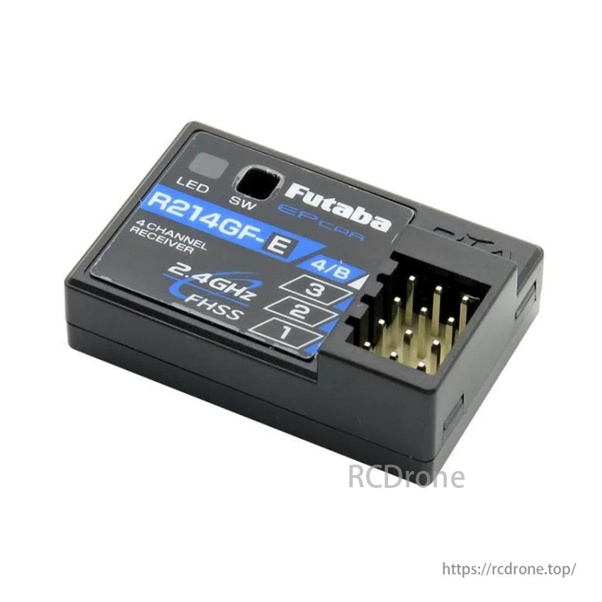 Futaba R214GF-E Receiver, Measures 35.1mm x 23.2mm x 9.0mm and weighs 6g, suitable for small spaces in RC vehicles.