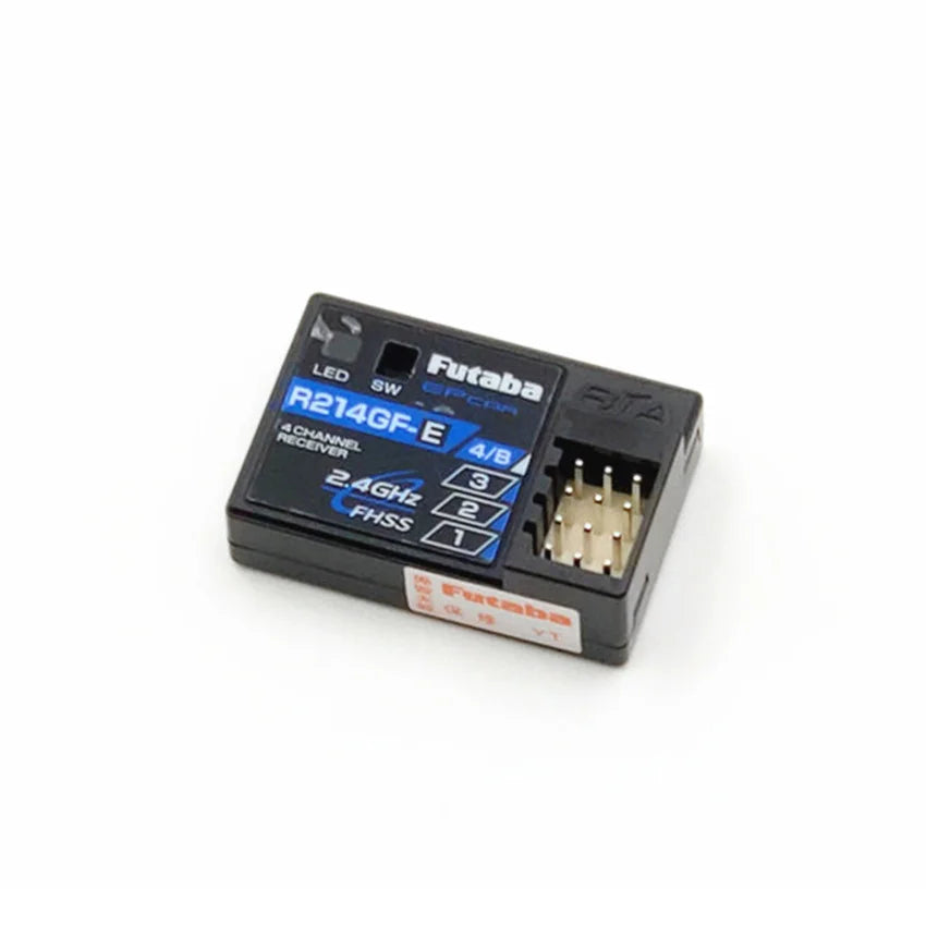 Futaba R214GF-E Receiver, Measures 35.1mm x 23.2mm x 9.0mm, weighing 6g, ideal for small RC vehicle spaces.