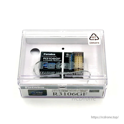 The Futaba R3106GF receiver features high voltage and sensitivity, designed for use with Futaba transmitters, providing precise control and reliable signal reception.