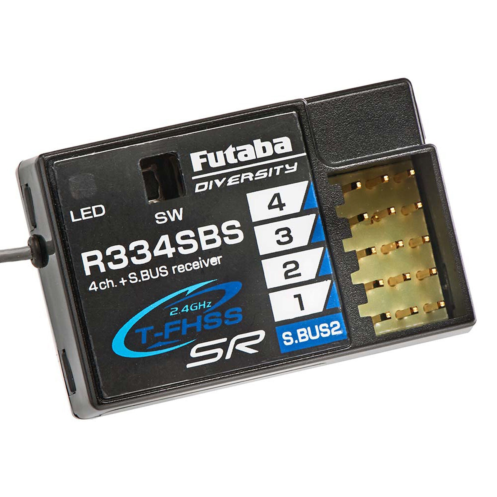 Futaba R334SBS Receiver, High-voltage receiver designed for diverse applications with super response telemetry for LED and S.Bus systems.