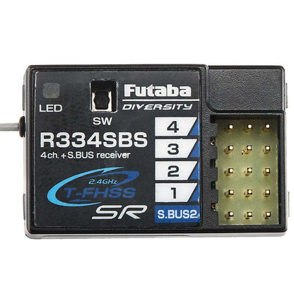 The Futaba R334SBS/SBS-E receiver features super response, T-FHSS telemetry, and supports LED diversity, S.BUS protocol, and 24GHz frequency for reliable signal transmission.