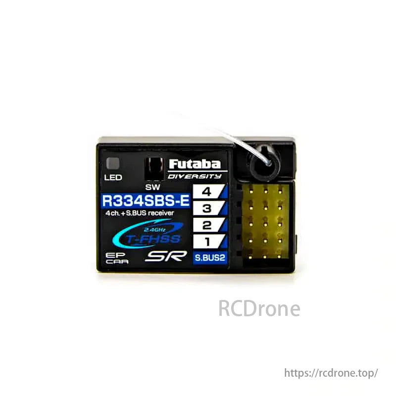Futaba R334SBS-E is a 4-channel receiver for high-speed RC cars, using T-FHSS and S.Bus2 technology, with 3.7–7.4V operation.