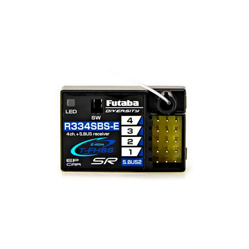 Futaba R334SBS-E receiver, 4-channel T-FHSS S.Bus2, 3.7-7.4V, ideal for high-speed EP RC racing cars.