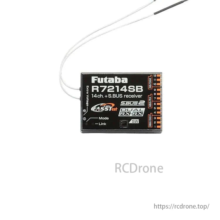 Futaba R7214SB air receiver supports 14 channels, 2.4GHz FASST/FSST S.Bus2, ASW I link, and SSTest mode for RC drones, planes, and models.