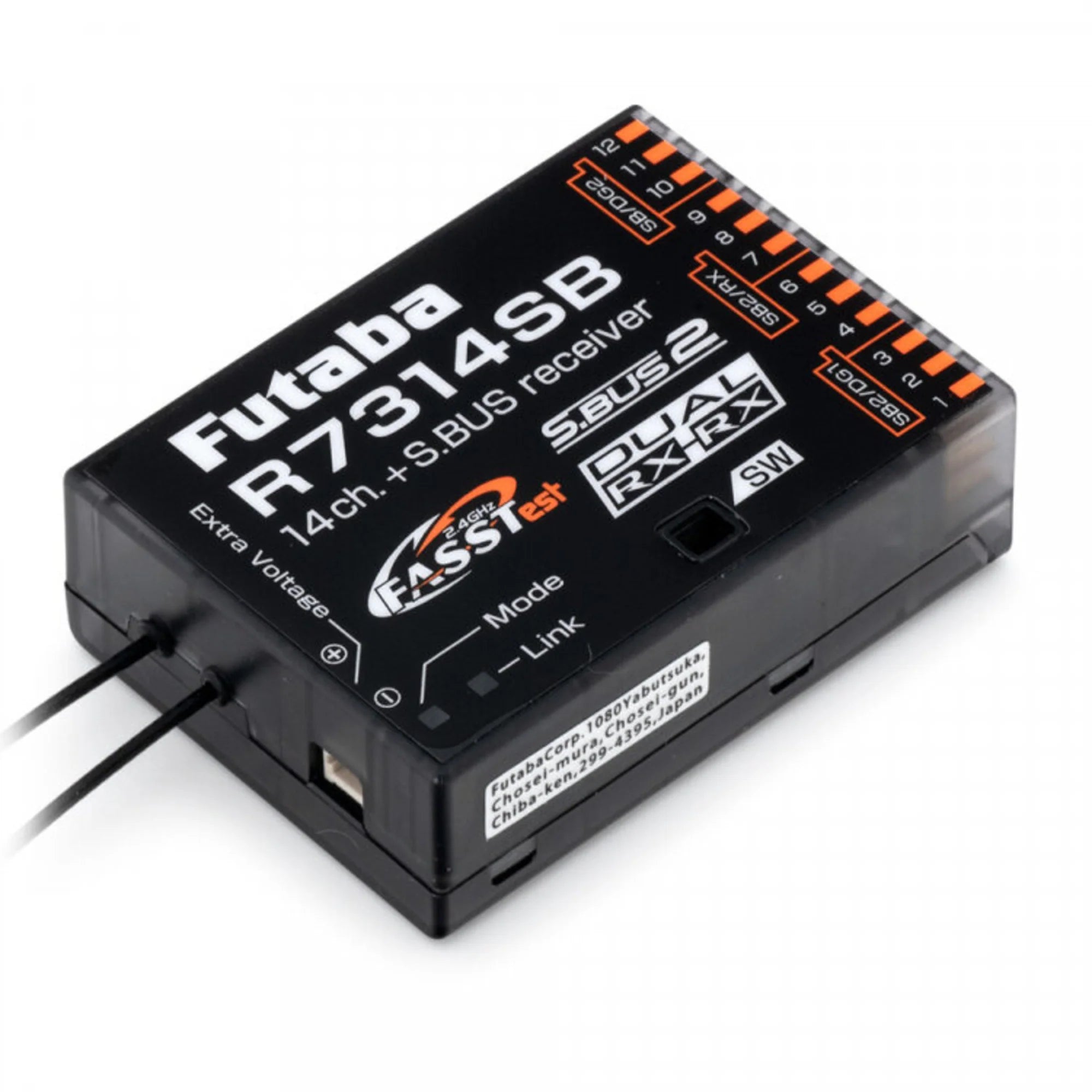 Futaba 14CH SBUS Receiver, Futaba R7314SB receiver with dual RX link and voltage mode, suitable for aerobatic planes, helicopters, and scale models.