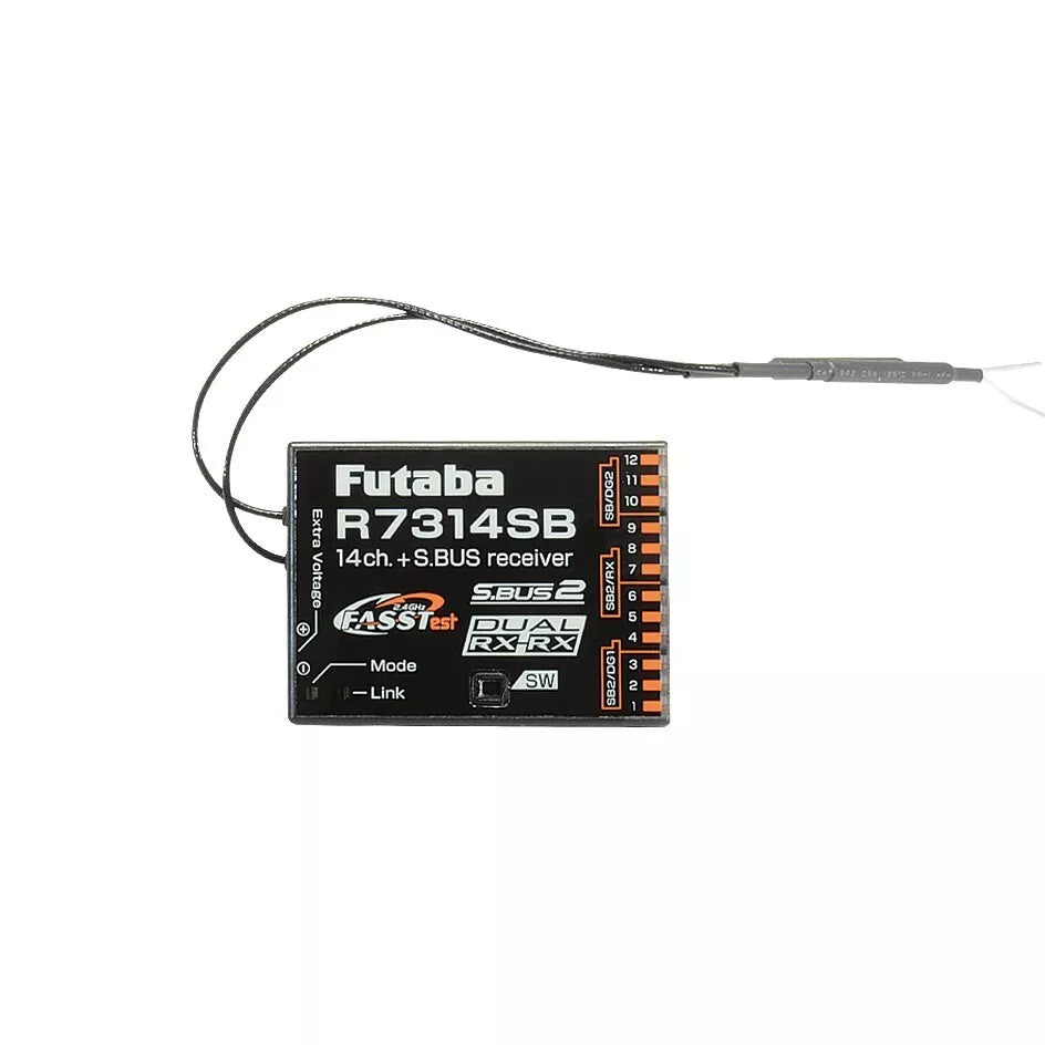 Futaba 14CH SBUS Receiver, 14-channel remote control system with dual receivers using 2.4GHz frequency.