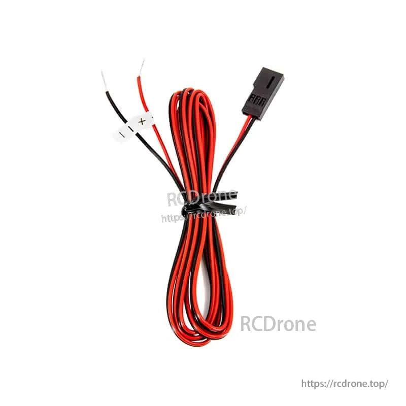Coiled red/black RC receiver charge lead with J connector and bare wire ends on white background