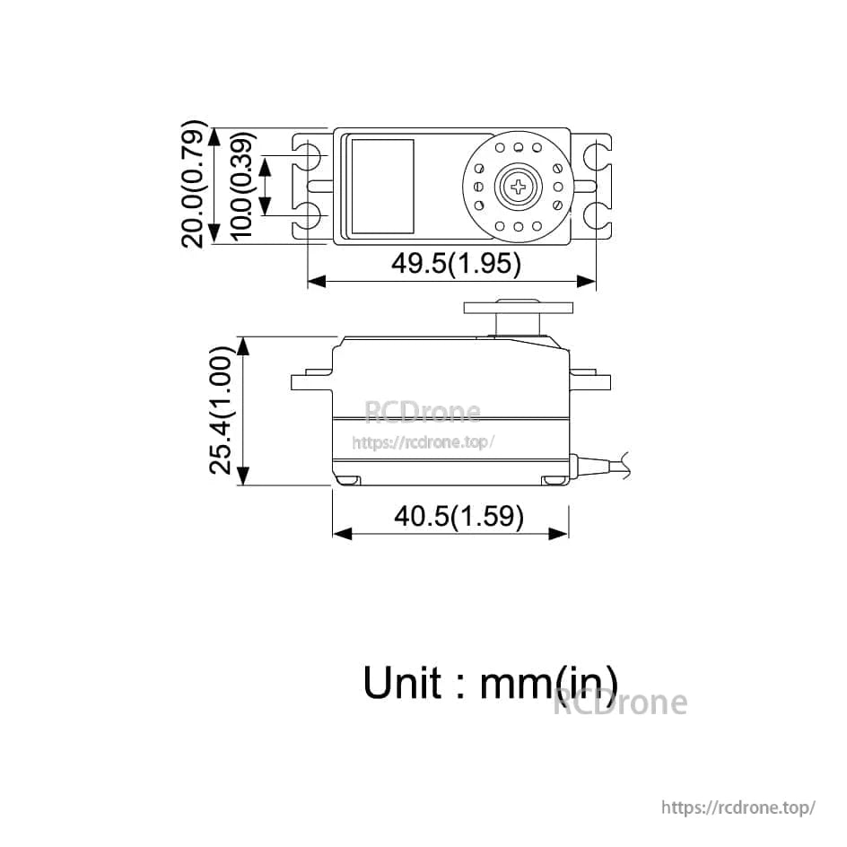 Futaba S-A400 servo dimension drawing showing overall length, width, and height in mm and inches