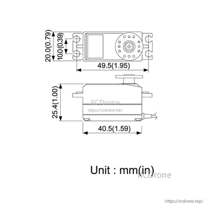 Futaba S-A400 servo dimension drawing showing overall length, width, and height in mm and inches