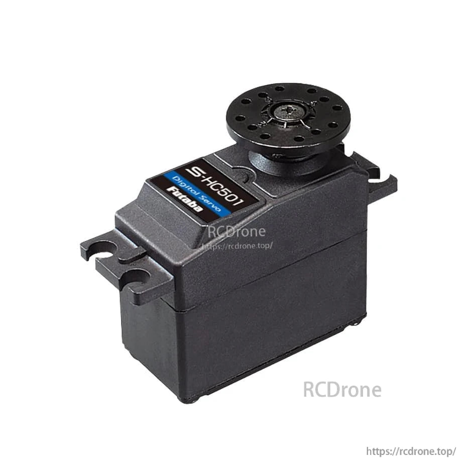 Futaba S-HC501 digital helicopter servo angled view showing mounting tabs and S-HC501 label