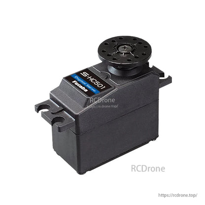 Futaba S-HC501 digital helicopter servo angled view showing mounting tabs and S-HC501 label