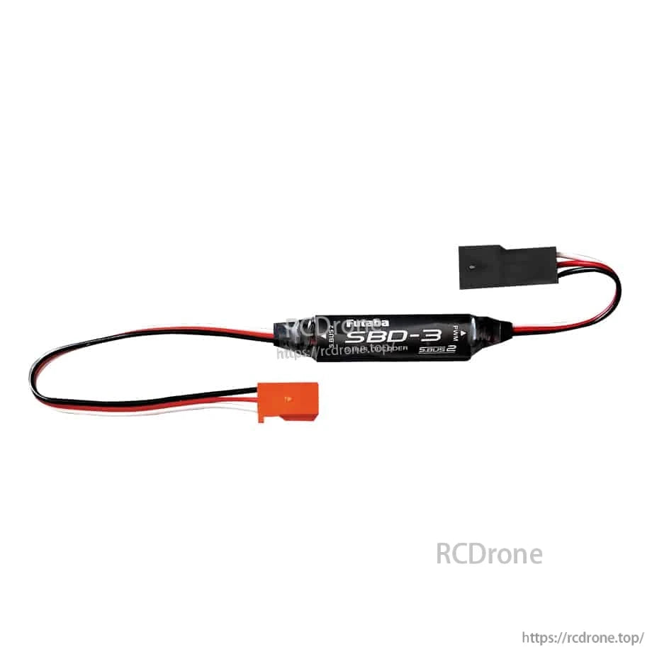 Inline decoder module with black shrink wrap, orange plug and servo-style connector, top label visible