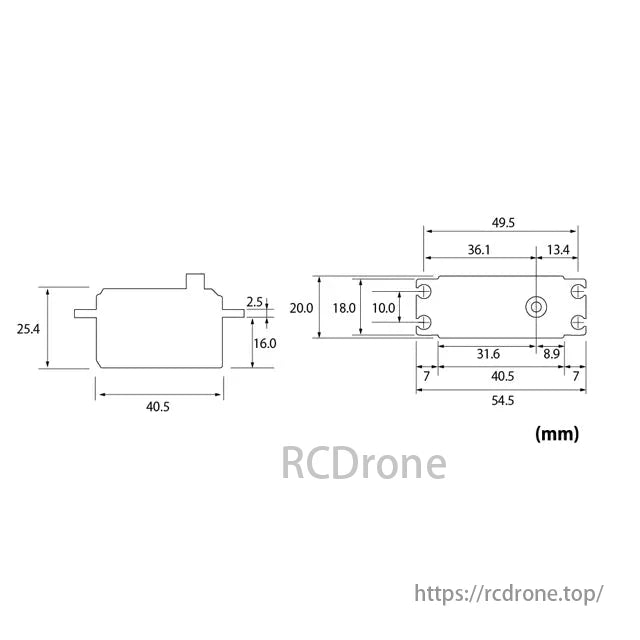 Futaba SC400 servo dimensions: 25.4x40.5 mm (left), 49.5x54.5 mm (right). Detailed measurements in millimeters.