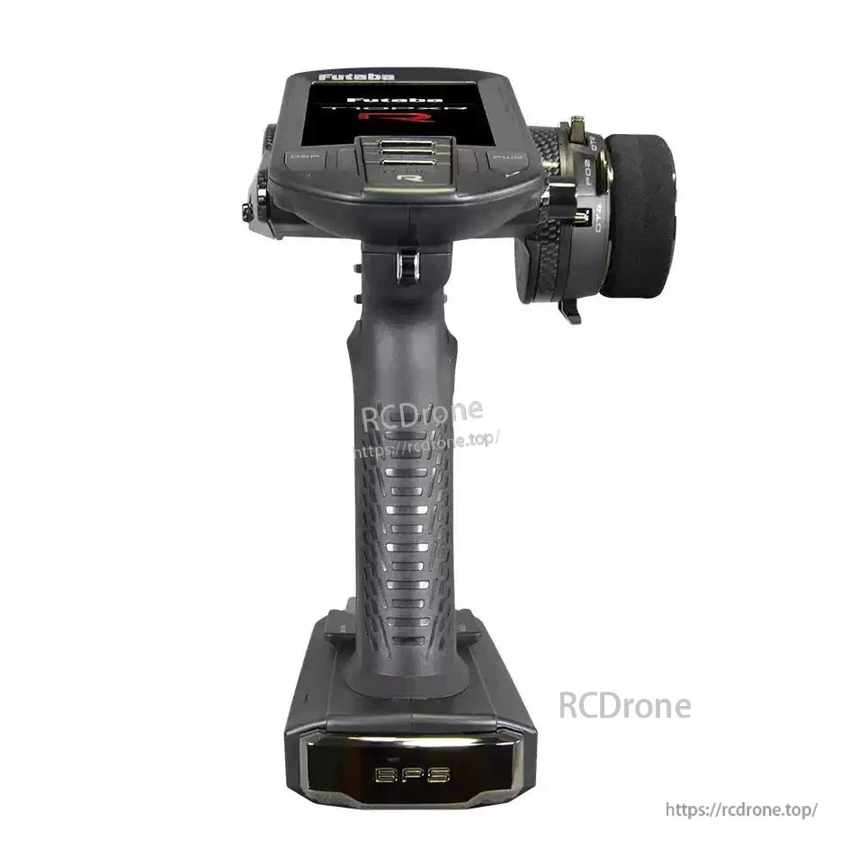 Futaba T10PXR 10-channel surface transmitter with steering wheel, top screen display, and pistol-grip handle