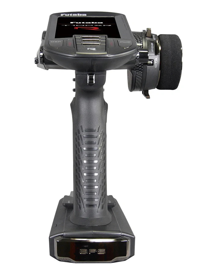 Futaba T10PXR 10-Channel Surface Transmitter, Futaba T10PXR surface transmitter with pistol-grip handle, top display, and foam steering wheel
