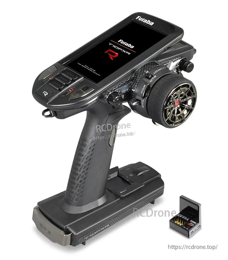 Futaba T10PXR 10-channel surface transmitter with touchscreen display, steering wheel, and included receiver