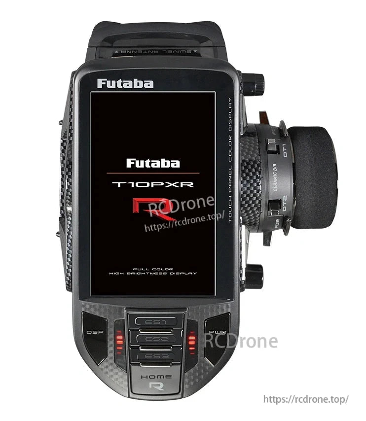 Front view of Futaba T10PXR 10-channel surface transmitter with touchscreen color display and steering wheel