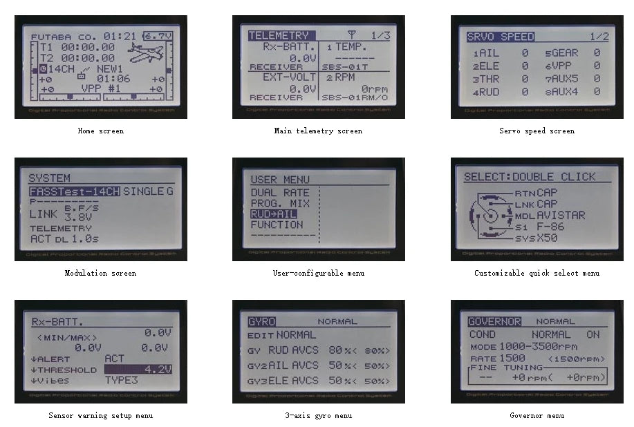 Futaba T14SG Transmitter, The Futaba Co. 14SG transmitter features a telemetry screen showing battery temperature, I/O gear, servo speed, and more.
