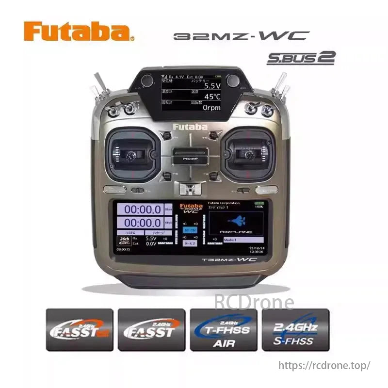 Futaba T32MZ Transmitter, Futaba T32MZ-WC transmitter offers S.BUS2, FASST, dual joysticks, digital display, and advanced control for model aircraft, supporting multiple frequencies and modes.