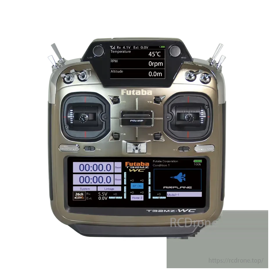 Futaba T32MZ WC transmitter set with R7308SB receiver, featuring FASSTest tech, dual displays, GPS readiness, 26 channels, and precision control for complex models. Ideal for hobbyists.