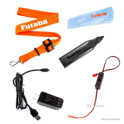 Futaba T32MZ WC 26CH Transmitter Set includes lanyard, cleaning cloth, battery, charger, and connector.