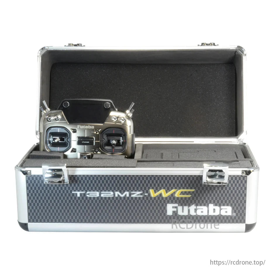 Futaba T32MZ WC 26CH transmitter set includes FASSTest 2.4GHz R7308SB receiver, dual display, GPS readiness, all in a protective case.