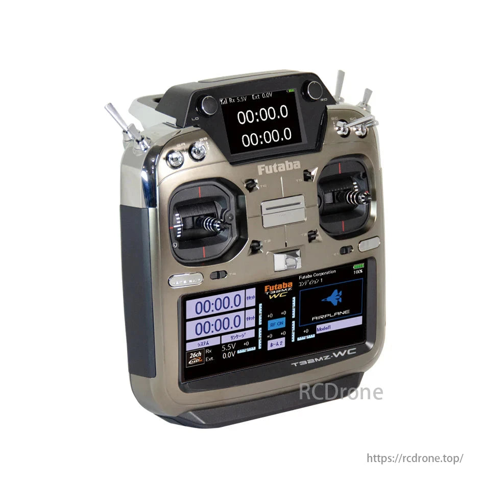 Futaba T32MZ: 26CH transmitter with R7308SB receiver, FASSTest 2.4GHz, dual displays, GPS-ready, precise controls.