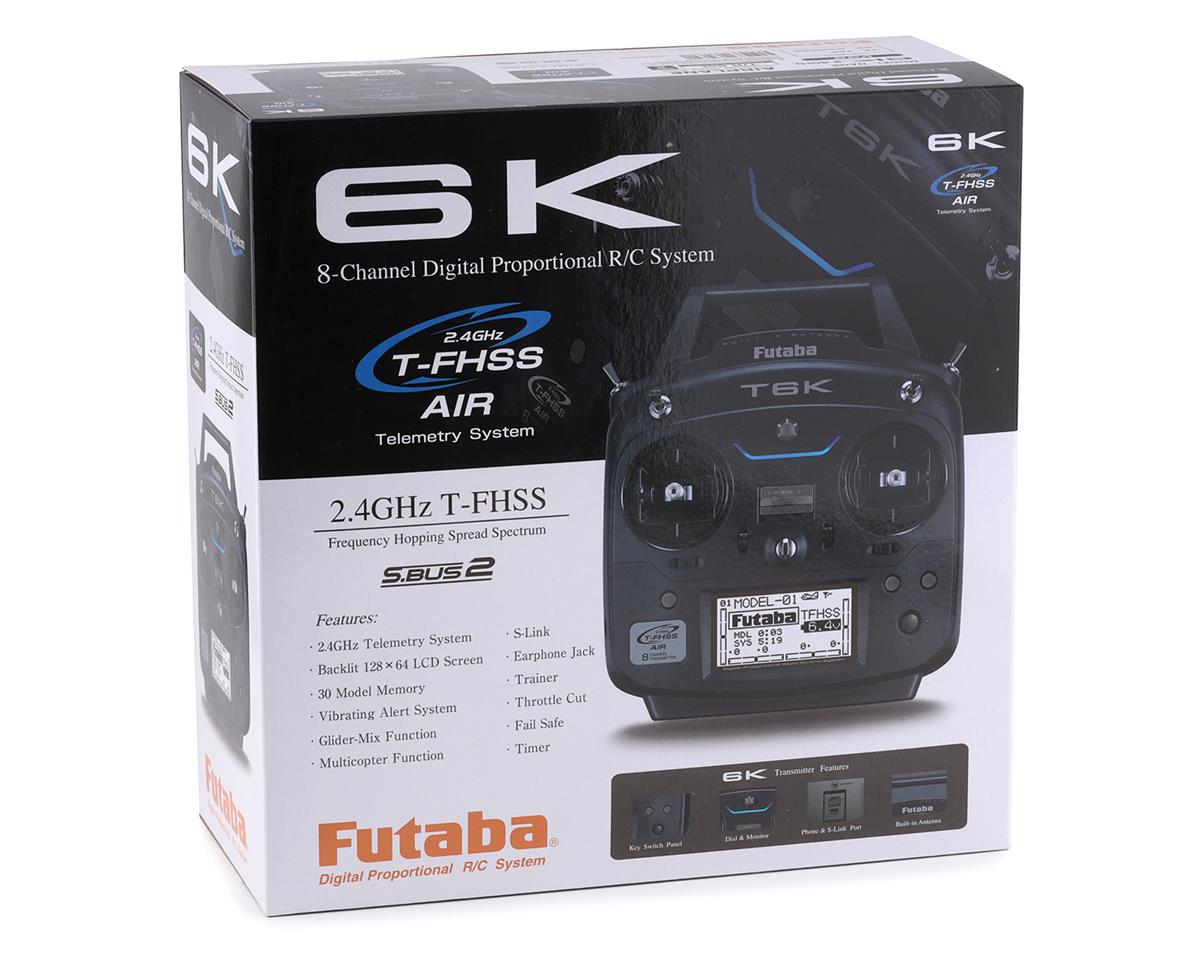 Futaba T6K V3S Transmitter, Radio system with 8 channels and 2.4GHz frequency, featuring S-FHSS/T-FHSS technology and compatible with R3006SB/R3008SB receivers.