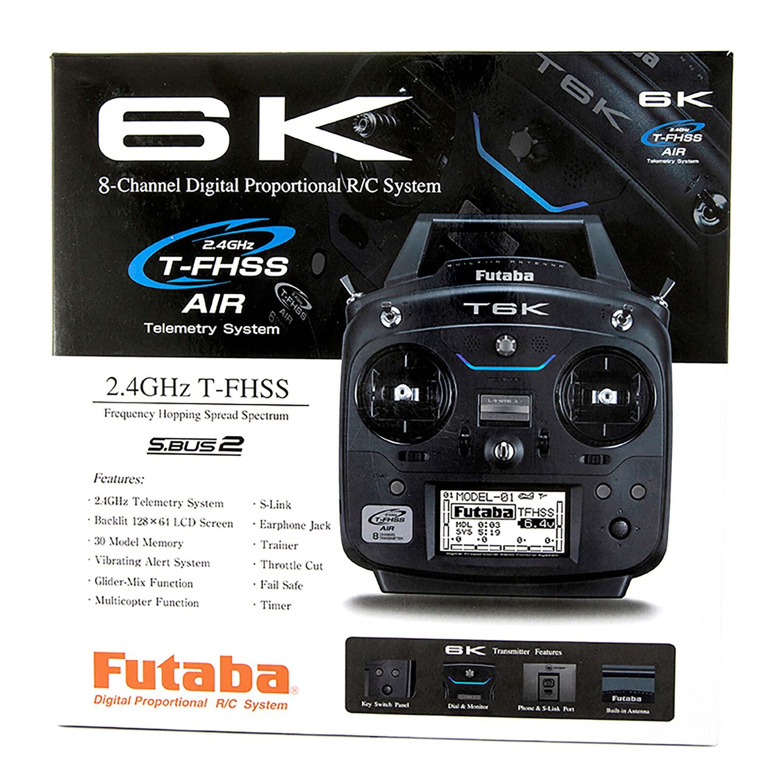 Futaba T6K V3S transmitter: an 8-channel digital proportional radio control system with advanced features like telemetry and frequency hopping.