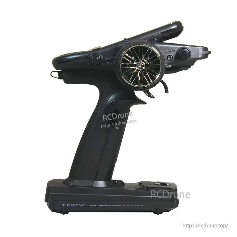 Side profile of T6PV pistol-grip RC transmitter showing steering wheel, trigger and base