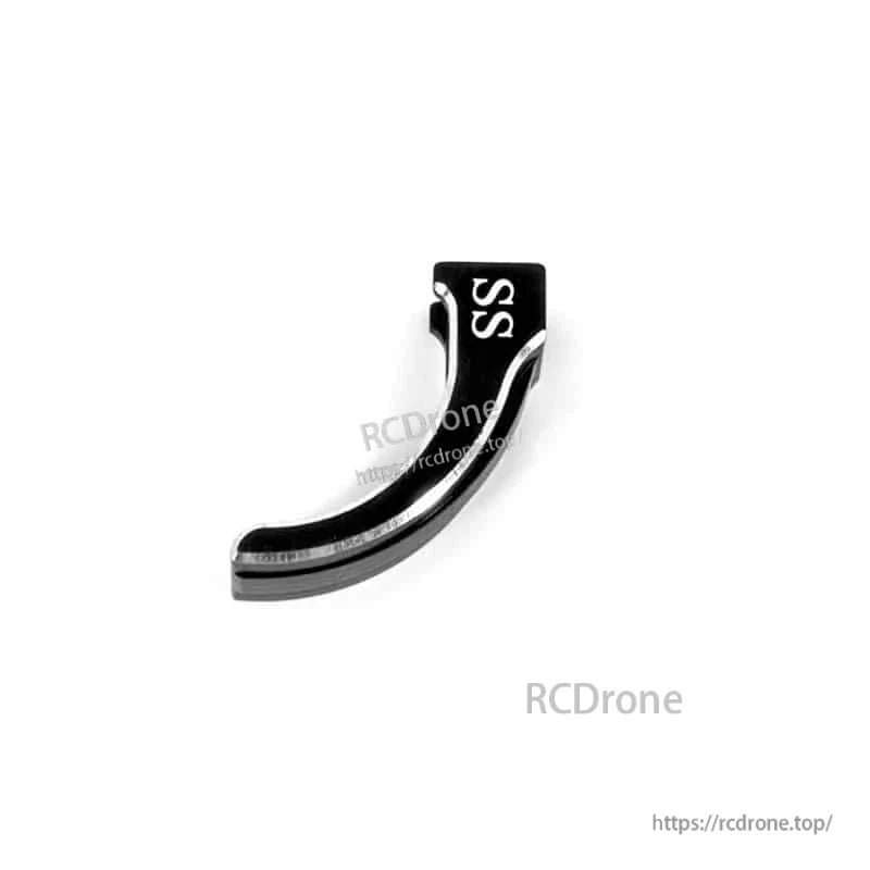 Curved aluminum transmitter brake trigger lever with SS marking, close-up side view on white background