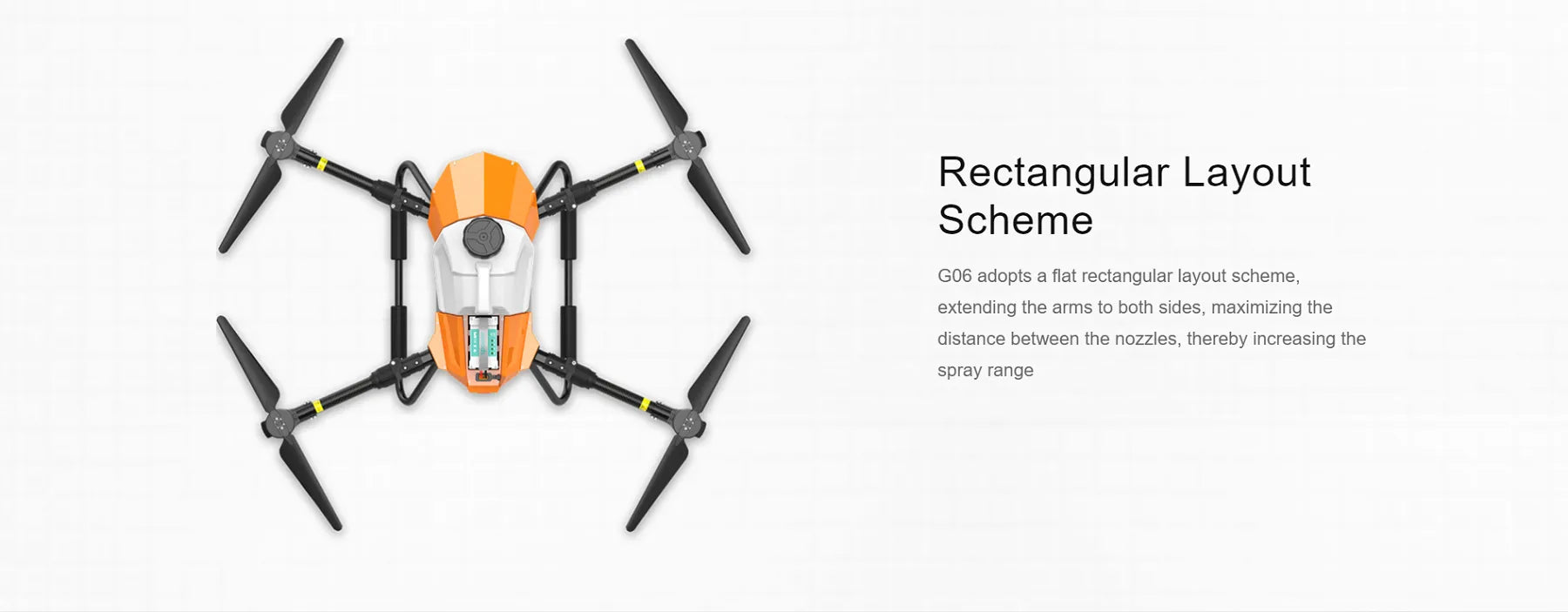 EFT G06 V2 - 4-Axis 6L Agriculture Drone For Spraying, Spreading With Hobbywing X6 Motor, JIYI K3A Pro FC, Skydroid T10, 12S Battery 14 EFT G06 V2, Rectangular Layout Scheme 6O6 adopts a flat rectangular layout scheme