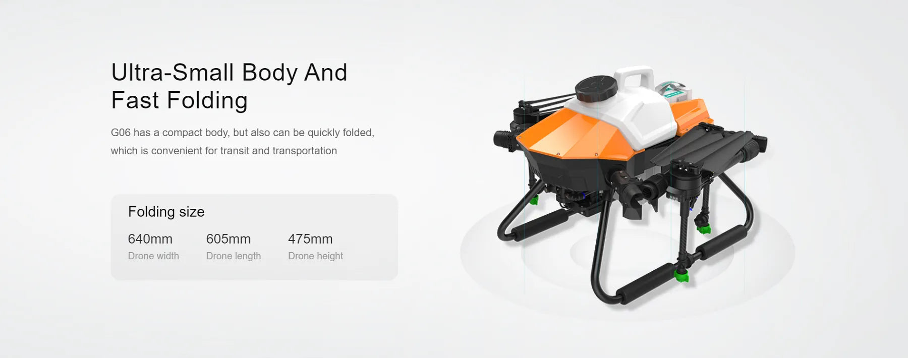 EFT G06 V2 - 4-Axis 6L Agriculture Drone For Spraying, Spreading With Hobbywing X6 Motor, JIYI K3A Pro FC, Skydroid T10, 12S Battery 17 EFT G06 V2, GO6 has a compact body and can be quickly folded, which is convenient for transit