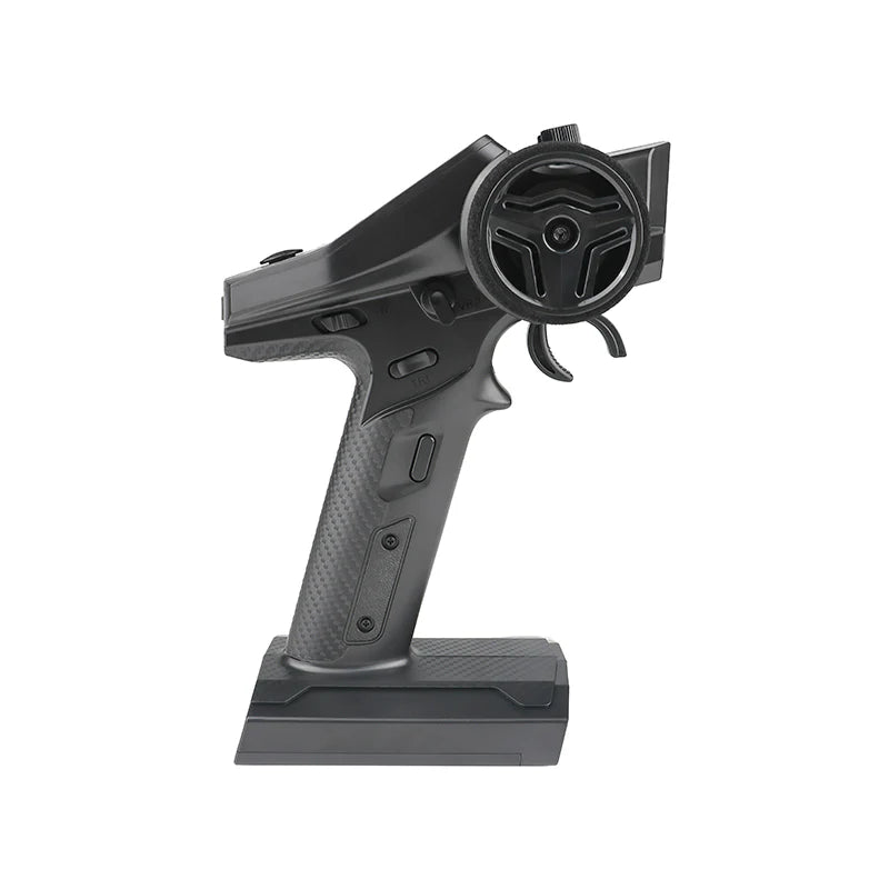Right-side profile of FlySky FS-G7P+ pistol-grip RC transmitter showing steering wheel and trigger