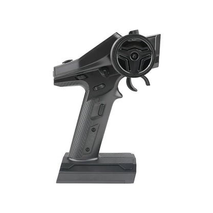 Right-side profile of FlySky FS-G7P+ pistol-grip RC transmitter showing steering wheel and trigger