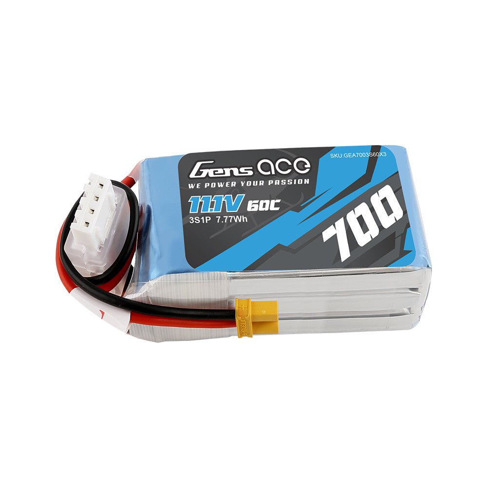 Gens ace 700mAh 3S 60C 11.1V LiPo Battery, Gens ace 700mAh 3S 11.1V 60C LiPo battery pack with XT30 connector and white balance plug