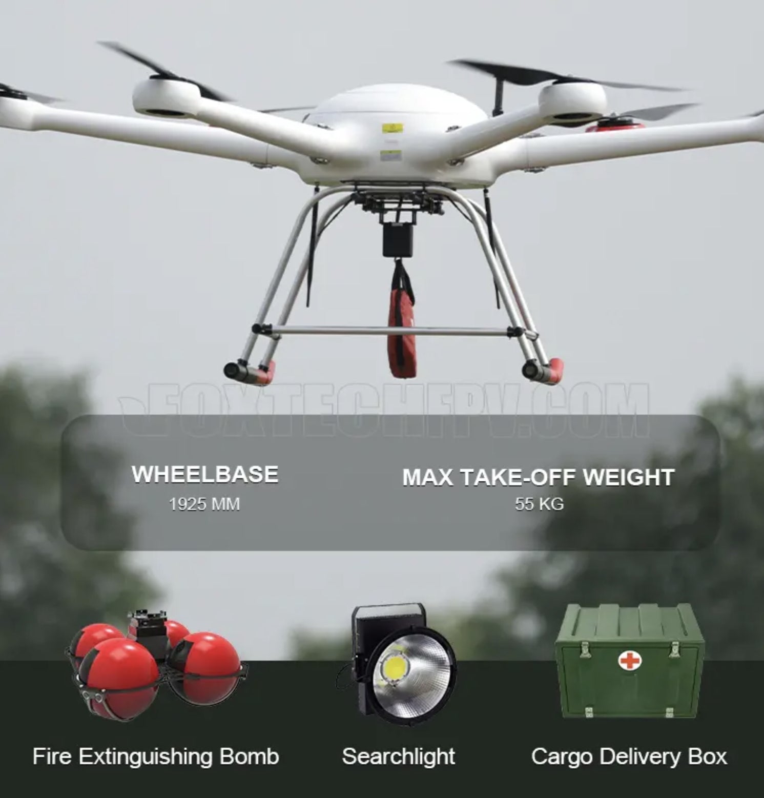 GAIA 190MP Heavy Lift Drone, RTCONAN aircraft features long wheelbase, maximum take-off weight of 55kg, fire extinguishing bomb, searchlight, and cargo delivery box.