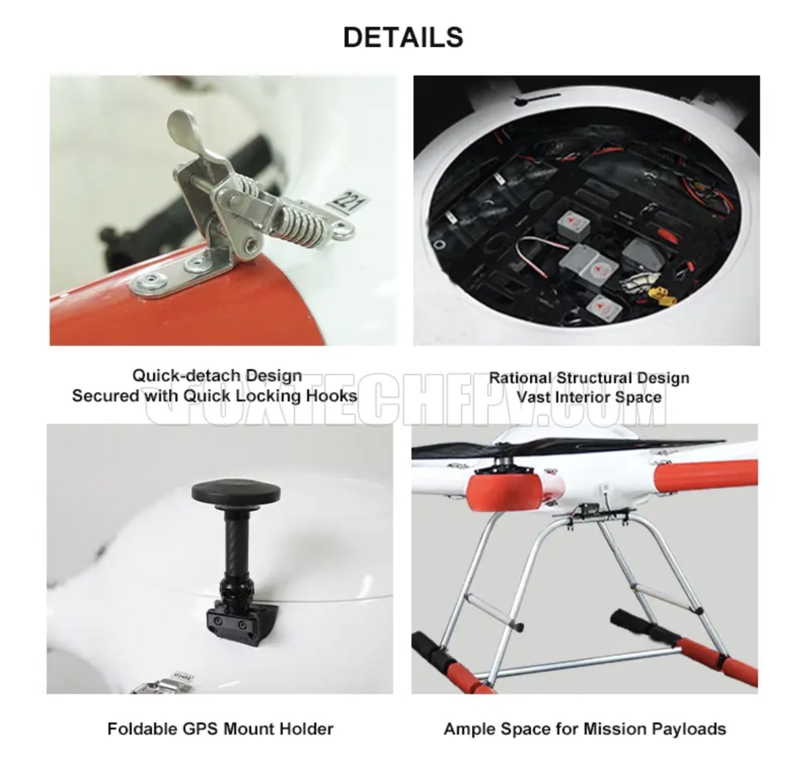 GAIA 190MP Heavy Lift Drone, The device features a quick-detach design with locking hooks and has a spacious interior suitable for carrying payloads.