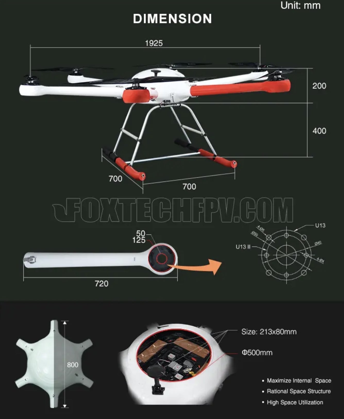 GAIA 190MP Heavy Lift Drone, The GAIA 190MP Drone has a compact design with dimensions ideal for maximizing internal space.