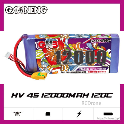 GNB 12000mAh 4S HV 120C LiPo battery product graphic with specs text on white background