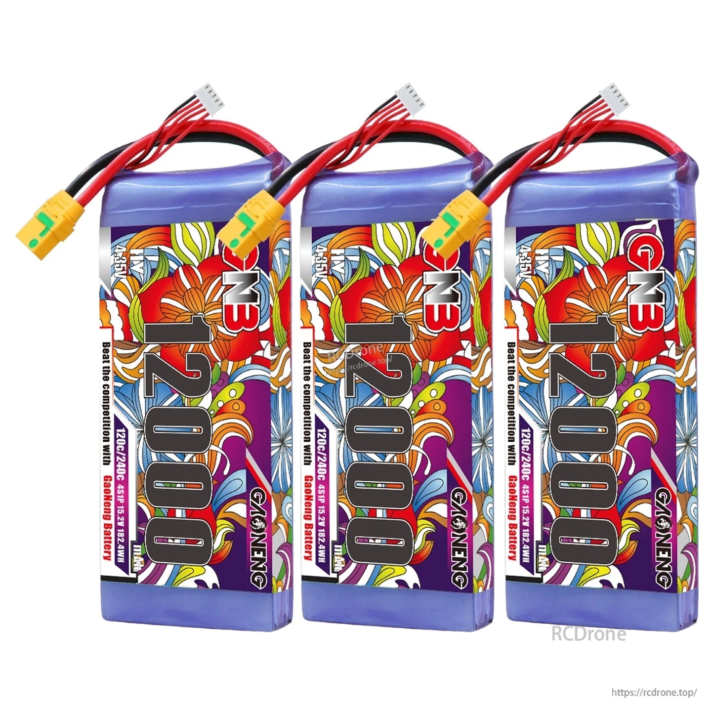 Three GNB 12000mAh LiPo batteries grouped together, front label view