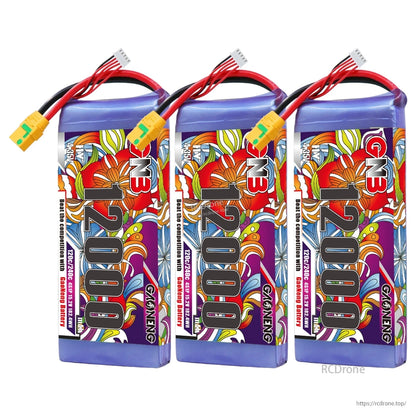 Three GNB 12000mAh LiPo batteries grouped together, front label view