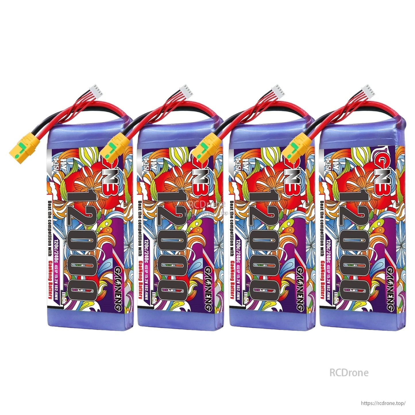 Four GNB 12000mAh LiPo batteries grouped together, front label view