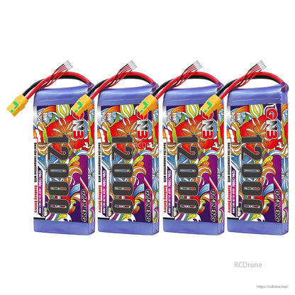 Four GNB 12000mAh LiPo batteries grouped together, front label view