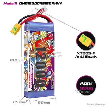 Battery dimensions and connector detail graphic showing XT90S-F anti-spark plug and approx. weight