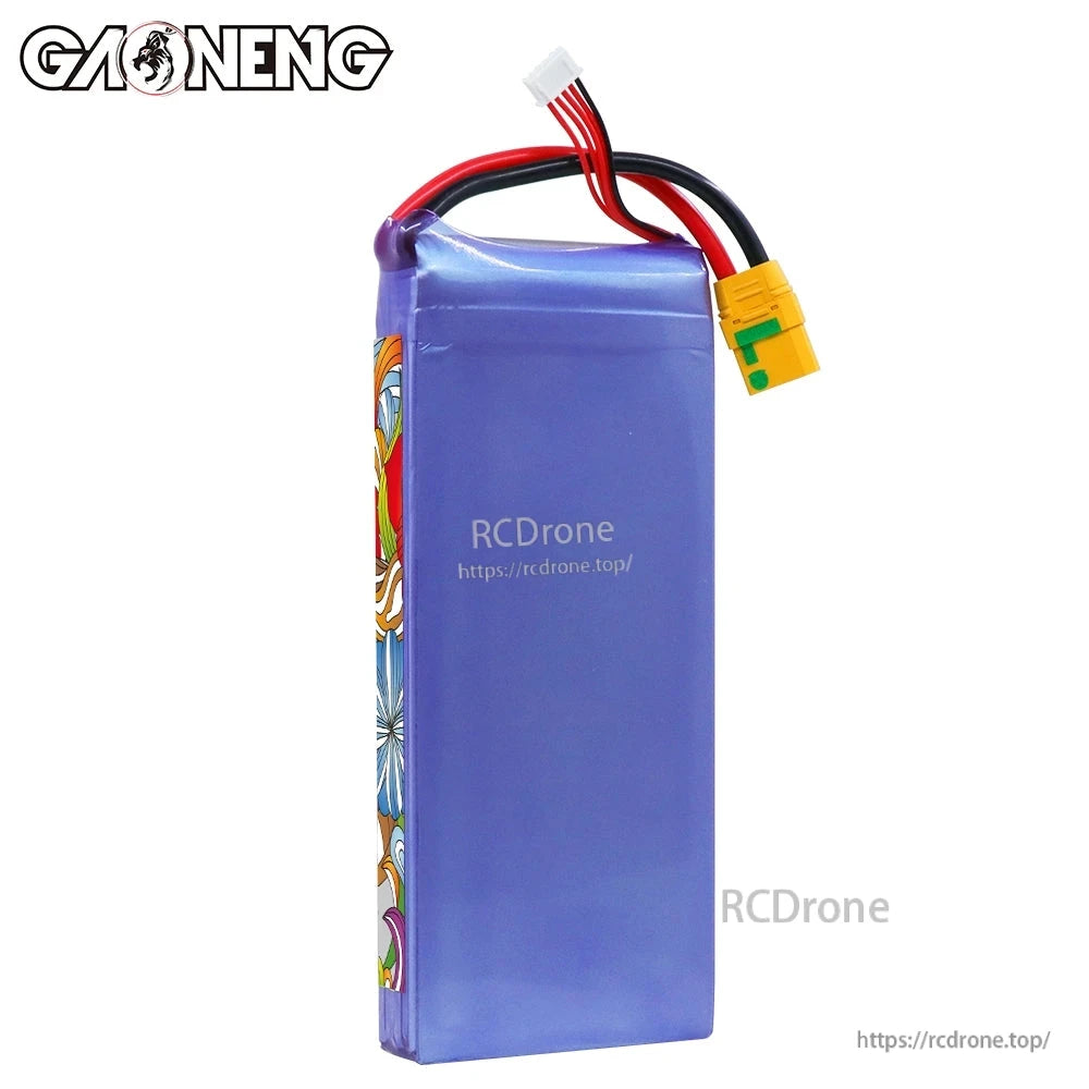 Side/back view of GAONENG GNB 12000mAh LiPo battery showing blue shrink wrap and wire exit