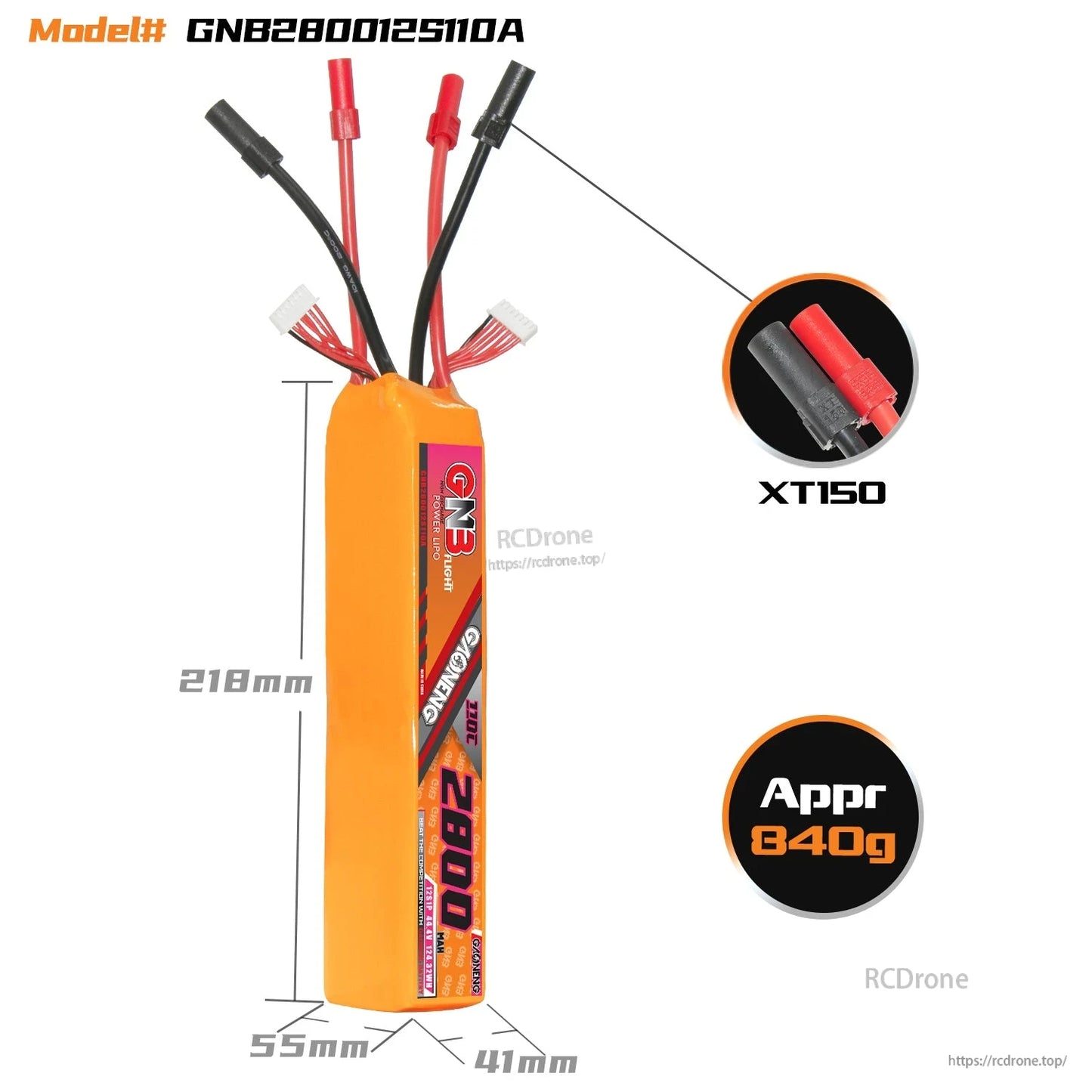 Battery dimensions diagram with XT150 connector close-up and approximate 840g weight callout